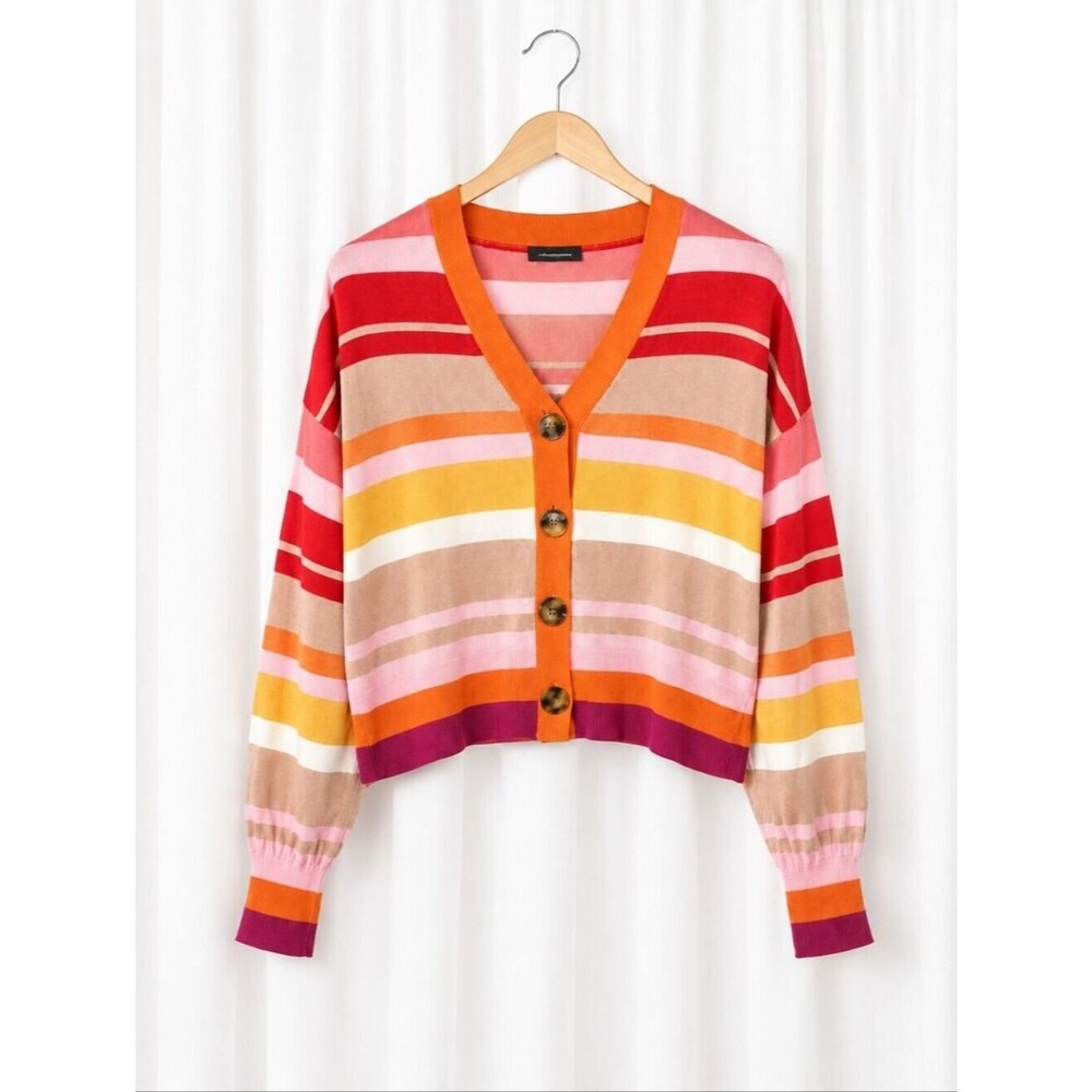Ann Taylor Vibrant Sunset Stripes V-Neck Colorblock Cropped Cardigan Sweater